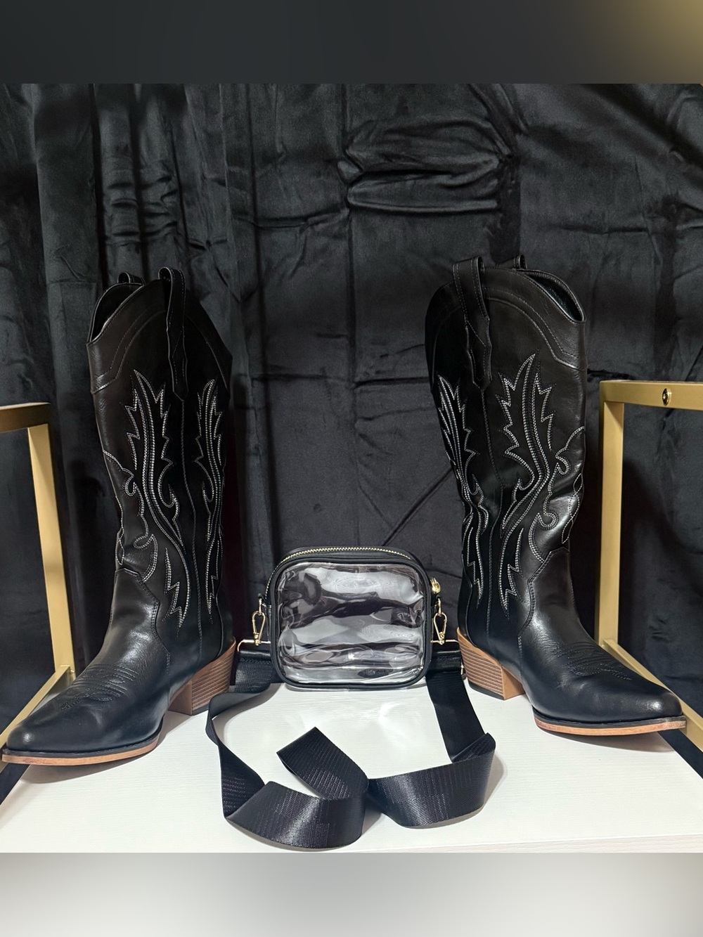 Black Western Cowgirl Boots Mid Calf Size 11 Wide Calf
